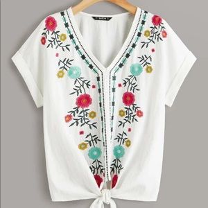 Cuffed Embroidery Front Knot Hem Top